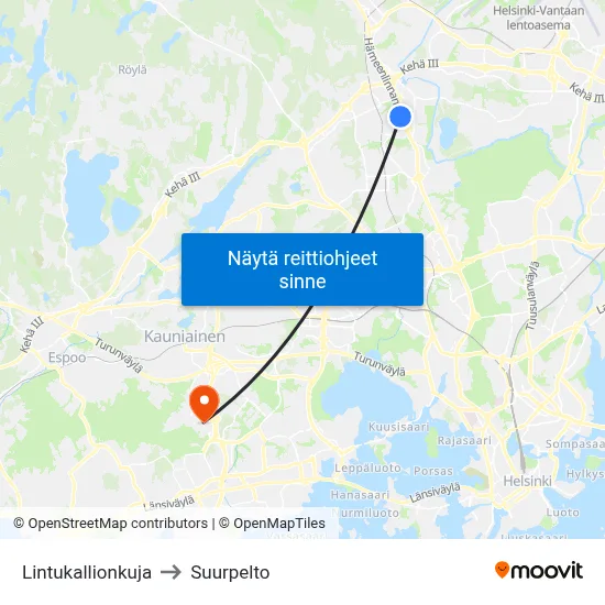 Lintukallionkuja to Suurpelto map