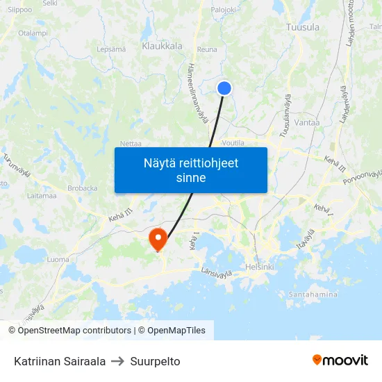 Katriinan Sairaala to Suurpelto map