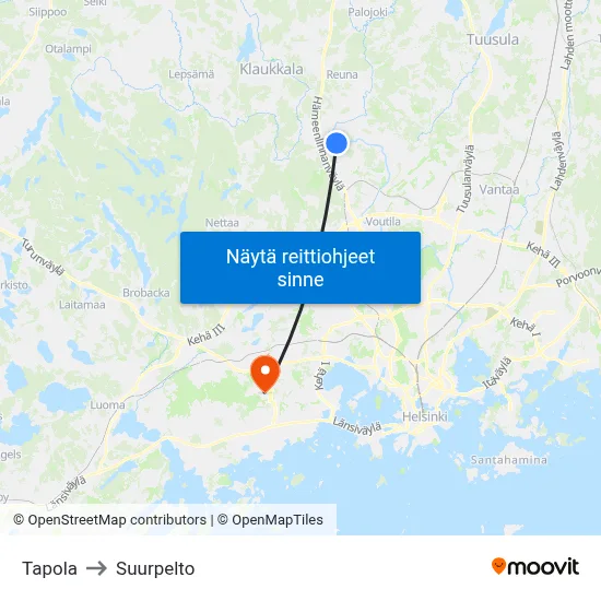 Tapola to Suurpelto map