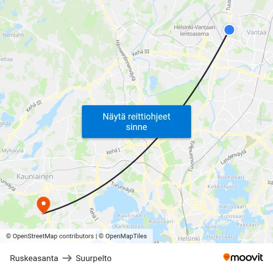 Ruskeasanta to Suurpelto map