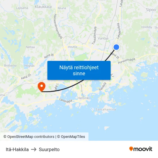 Itä-Hakkila to Suurpelto map