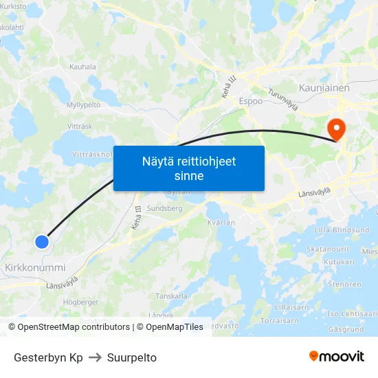 Gesterbyn Kp to Suurpelto map