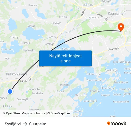 Syväjärvi to Suurpelto map