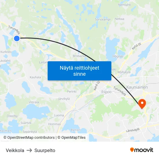 Veikkola to Suurpelto map