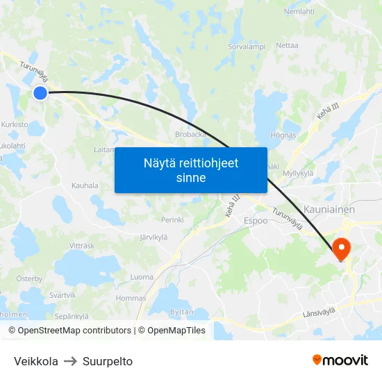 Veikkola to Suurpelto map