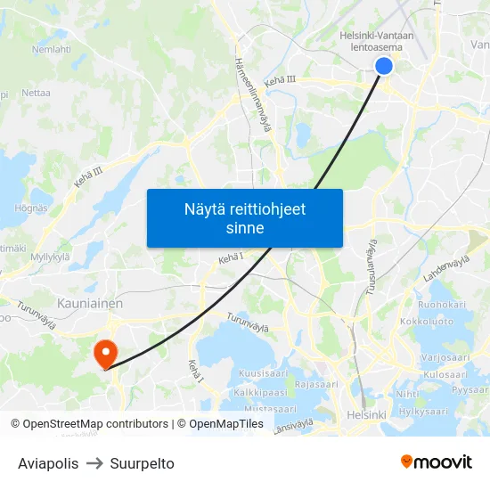 Aviapolis to Suurpelto map