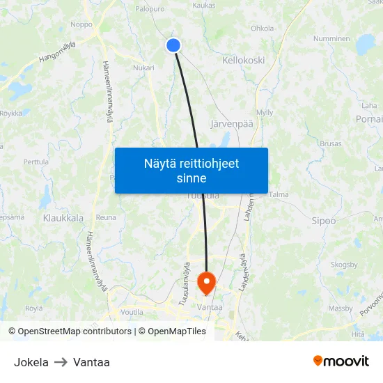 Jokela to Vantaa map