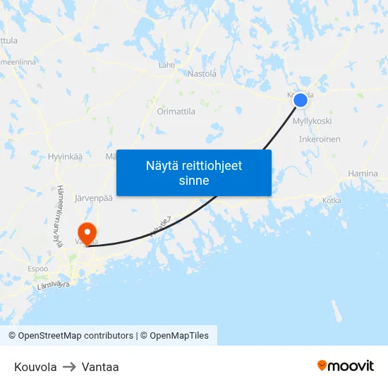 Kouvola to Vantaa map