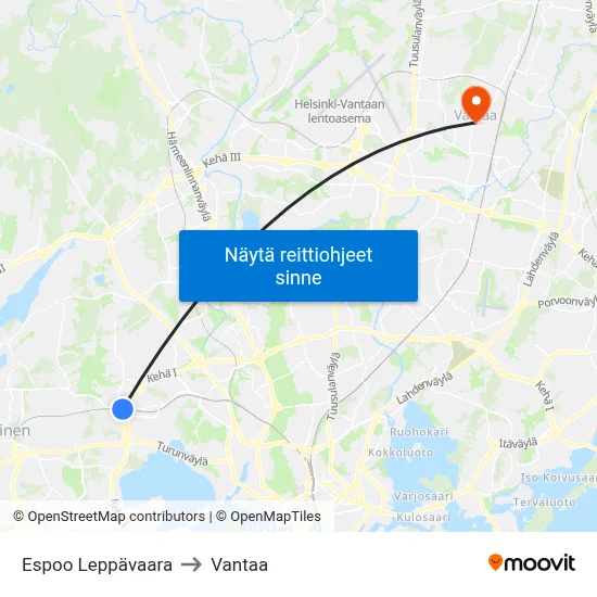 Espoo Leppävaara to Vantaa map