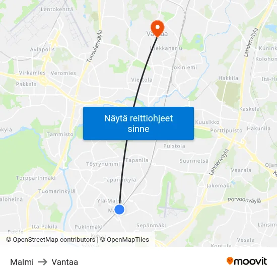 Malmi to Vantaa map