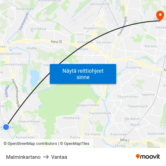 Malminkartano to Vantaa map