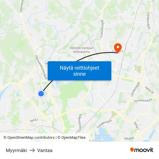 Myyrmäki to Vantaa map