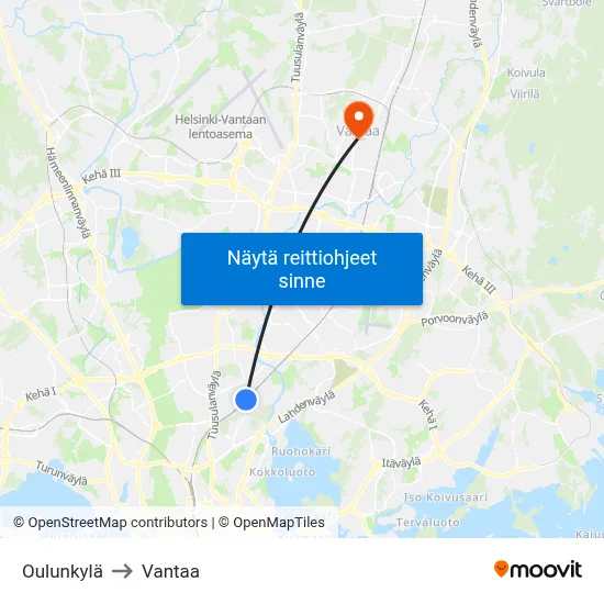 Oulunkylä to Vantaa map