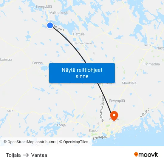 Toijala to Vantaa map