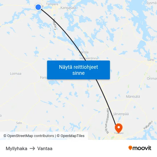 Myllyhaka to Vantaa map