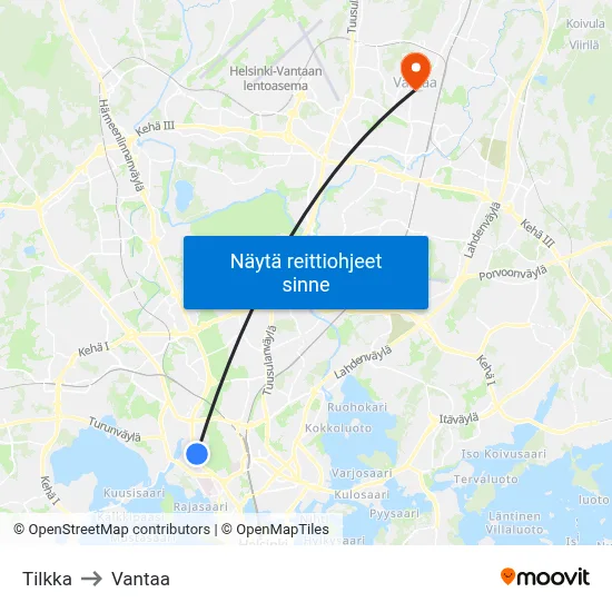 Tilkka to Vantaa map
