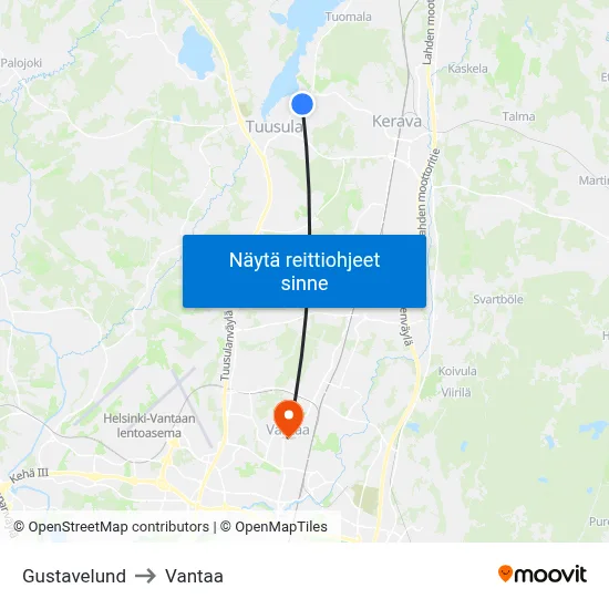 Gustavelund to Vantaa map