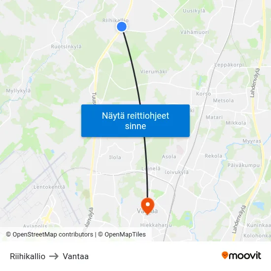 Riihikallio to Vantaa map