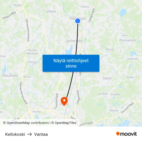 Kellokoski to Vantaa map