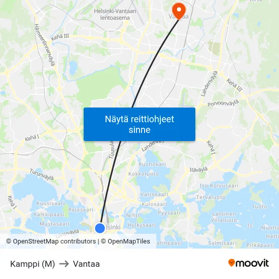 Kamppi (M) to Vantaa map