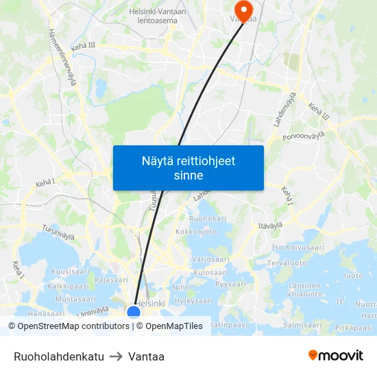 Ruoholahdenkatu to Vantaa map