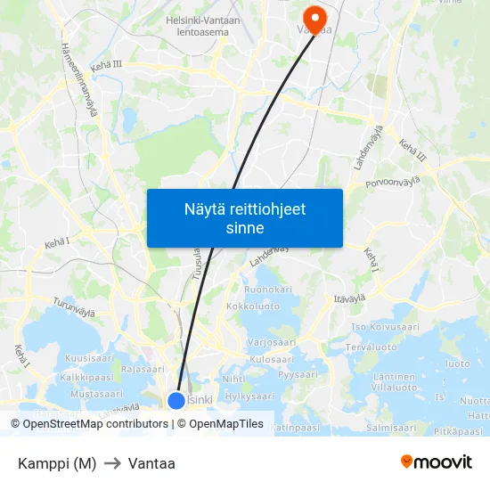 Kamppi (M) to Vantaa map