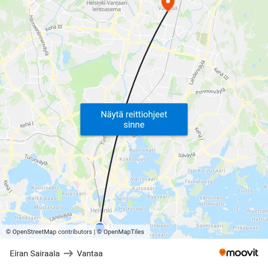 Eiran Sairaala to Vantaa map