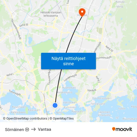 Sörnäinen Ⓜ️ to Vantaa map
