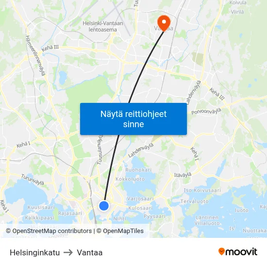 Helsinginkatu to Vantaa map