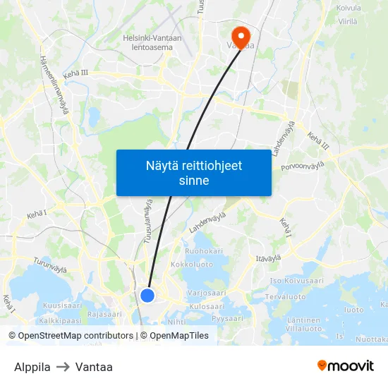 Alppila to Vantaa map