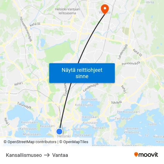 Kansallismuseo to Vantaa map