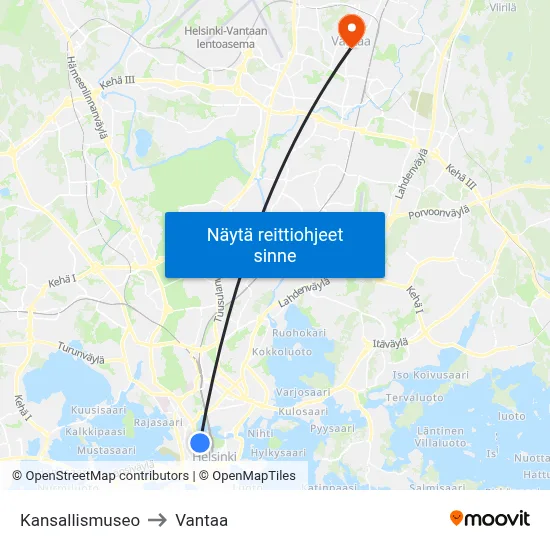 Kansallismuseo to Vantaa map