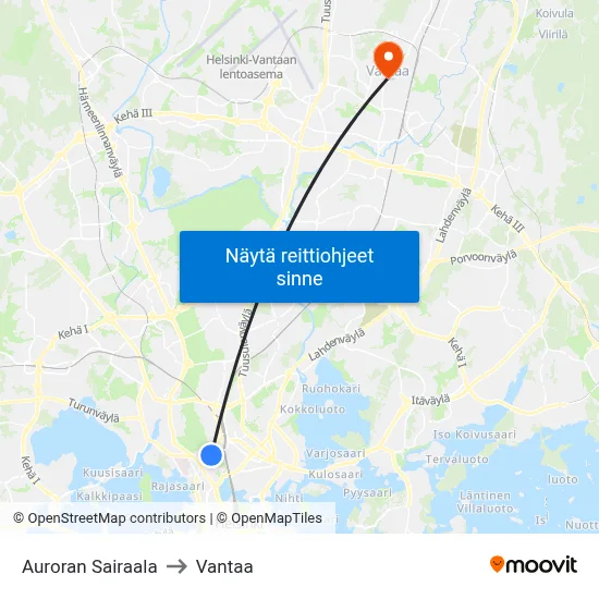 Auroran Sairaala to Vantaa map