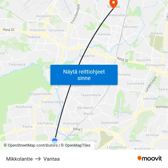 Mikkolantie to Vantaa map