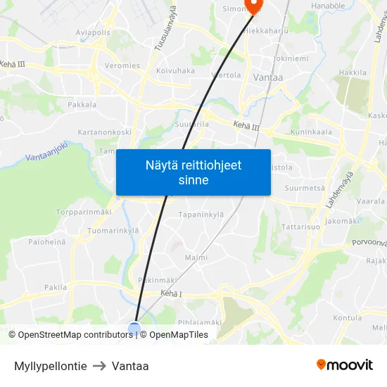 Myllypellontie to Vantaa map