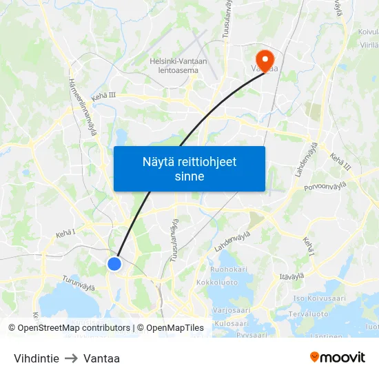 Vihdintie to Vantaa map