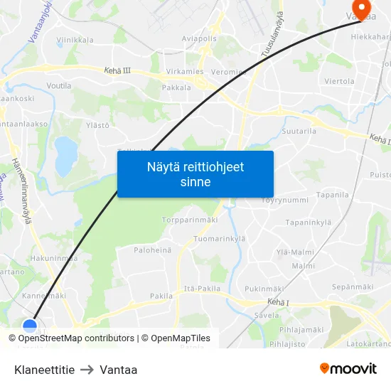 Klaneettitie to Vantaa map