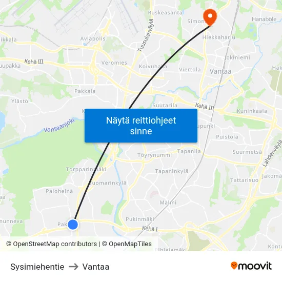 Sysimiehentie to Vantaa map