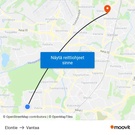 Elontie to Vantaa map