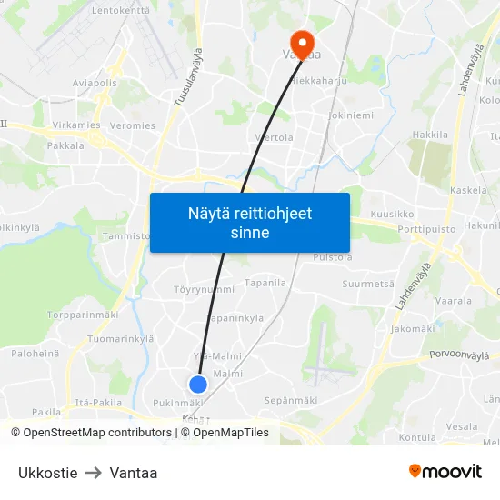Ukkostie to Vantaa map