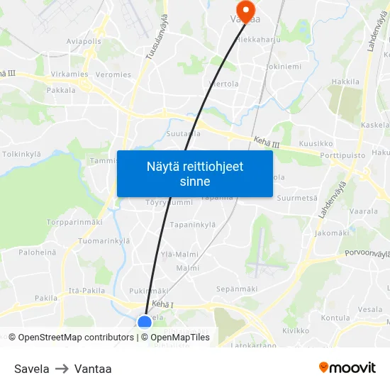 Savela to Vantaa map