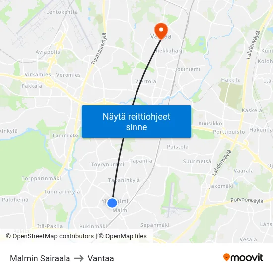 Malmin Sairaala to Vantaa map
