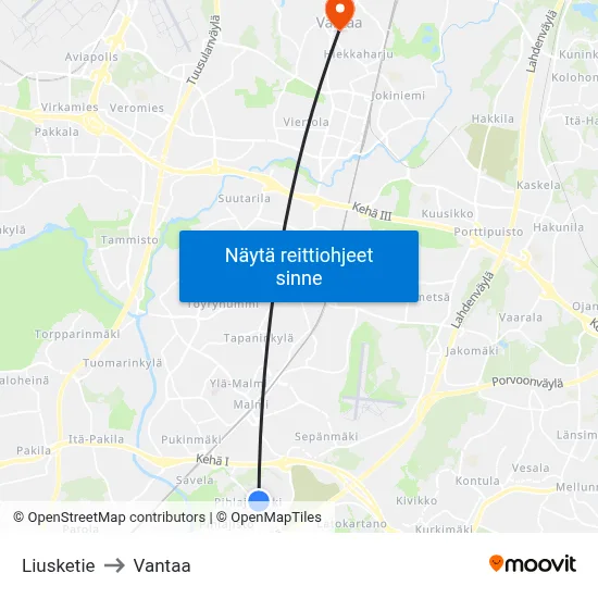 Liusketie to Vantaa map