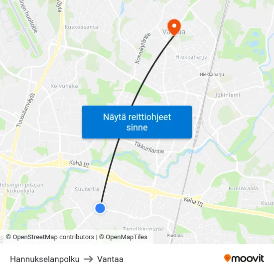 Hannukselanpolku to Vantaa map