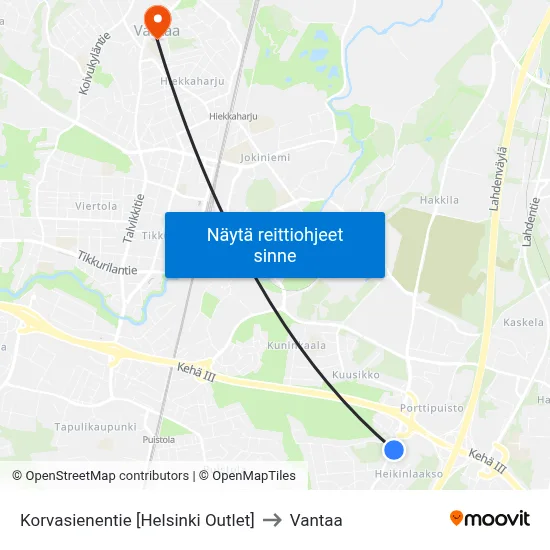 Korvasienentie [Helsinki Outlet] to Vantaa map
