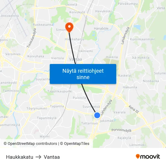 Haukkakatu to Vantaa map