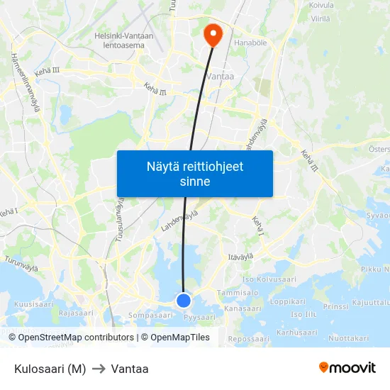 Kulosaari (M) to Vantaa map