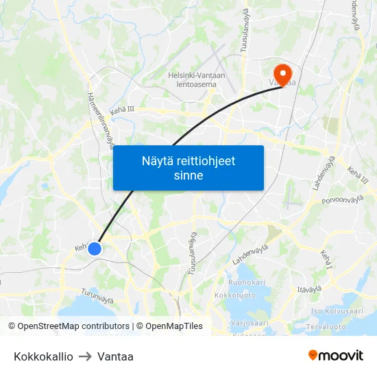 Kokkokallio to Vantaa map