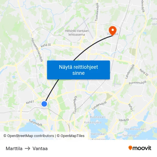Marttila to Vantaa map