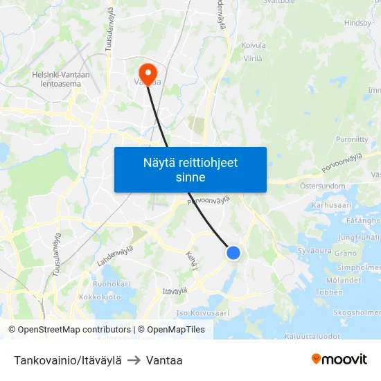 Tankovainio/Itäväylä to Vantaa map